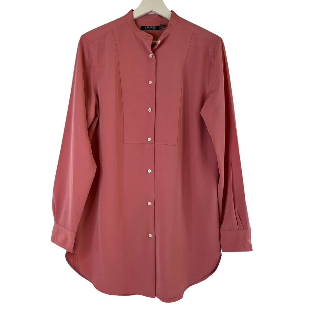 Lauren Ralph Lauren Sz M Button Up Shirt Mandarin Collar Long Sleeve Dusty Pink